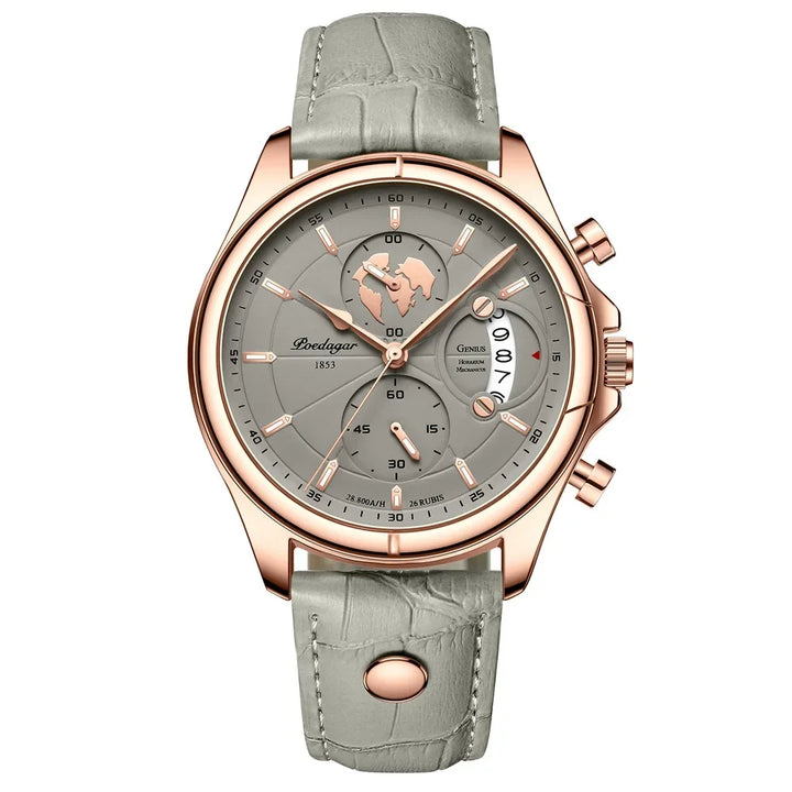 Reloj cronógrafo para hombre con caja de acero y correa de cuero. Accesorio de moda masculina, perfecto para el día a día.