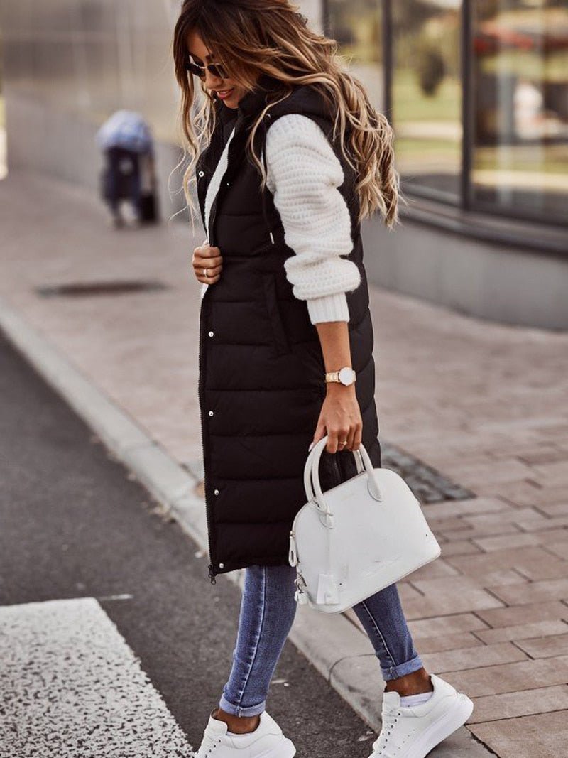 Chaleco acolchado largo para mujer, diseño cómodo y cálido sin mangas, perfecto para otoño/invierno.