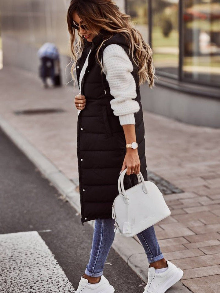 Chaleco acolchado largo para mujer, diseño cómodo y cálido sin mangas, perfecto para otoño/invierno.