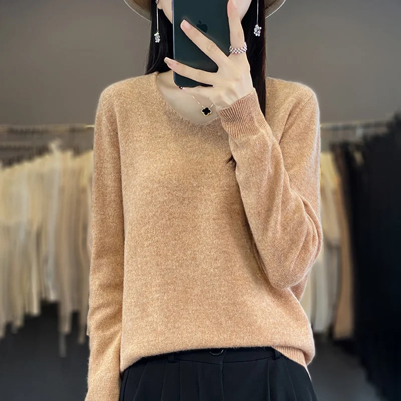 Suéter confortable de mujer, cuello V, diseño sofisticado para invierno.