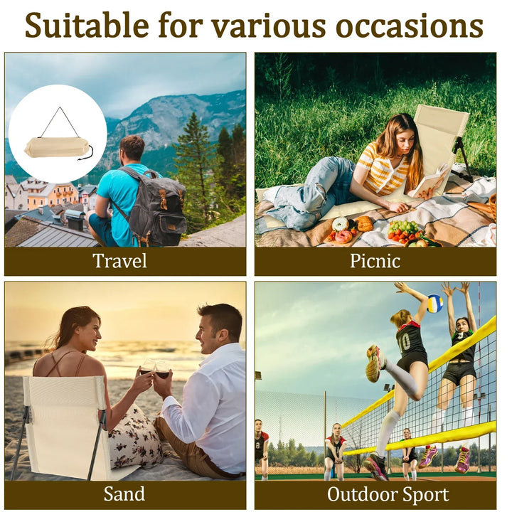 Silla de exterior plegable con respaldo portátil. Ligera, ergonómica, ideal camping y relax.