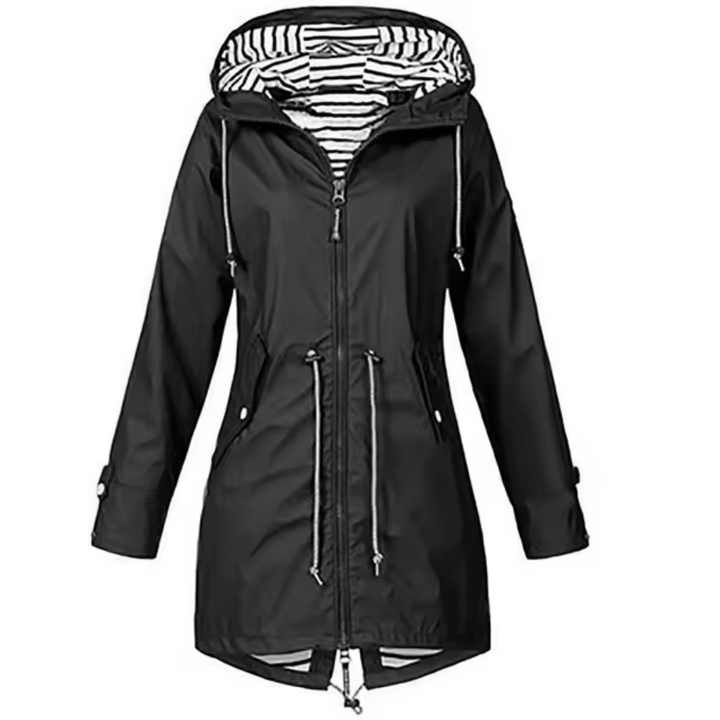 Abrigo impermeable mujer con capucha. Estilo elegante y protección contra lluvia y viento para otoño e invierno.