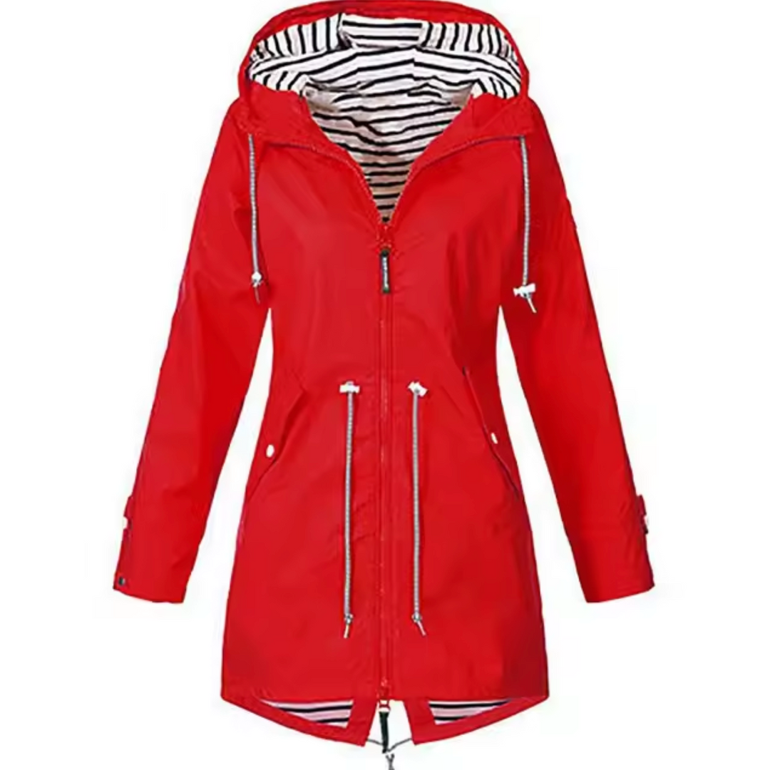 Abrigo exterior para mujer, impermeable con capucha. Protección para lluvia y cortavientos en invierno. Moda y estilo.