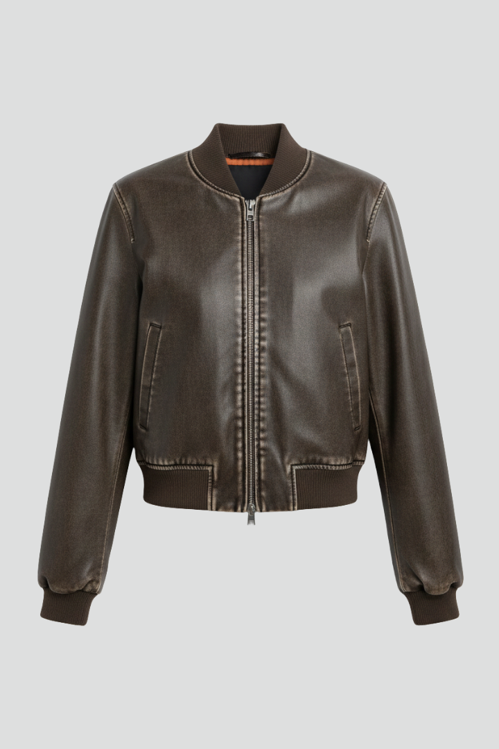 Mujer luciendo chaqueta bomber de cuero café ajustada, ideal para looks casuales y modernos.