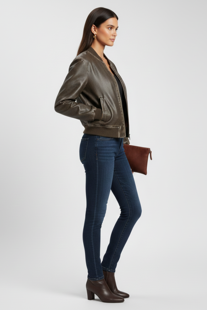 Chaqueta bomber de cuero marrón para mujer, prenda elegante y versátil para otoño e invierno.