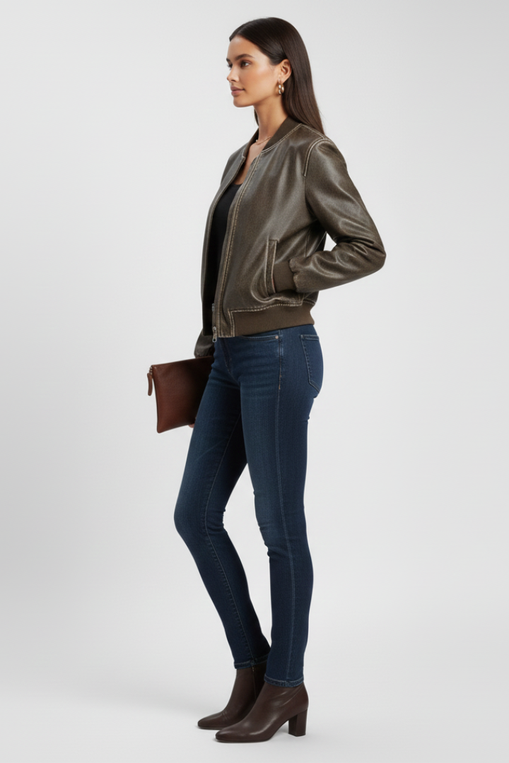 Chaqueta bomber de cuero para mujer color café, diseño clásico y confortable, estilo casual.