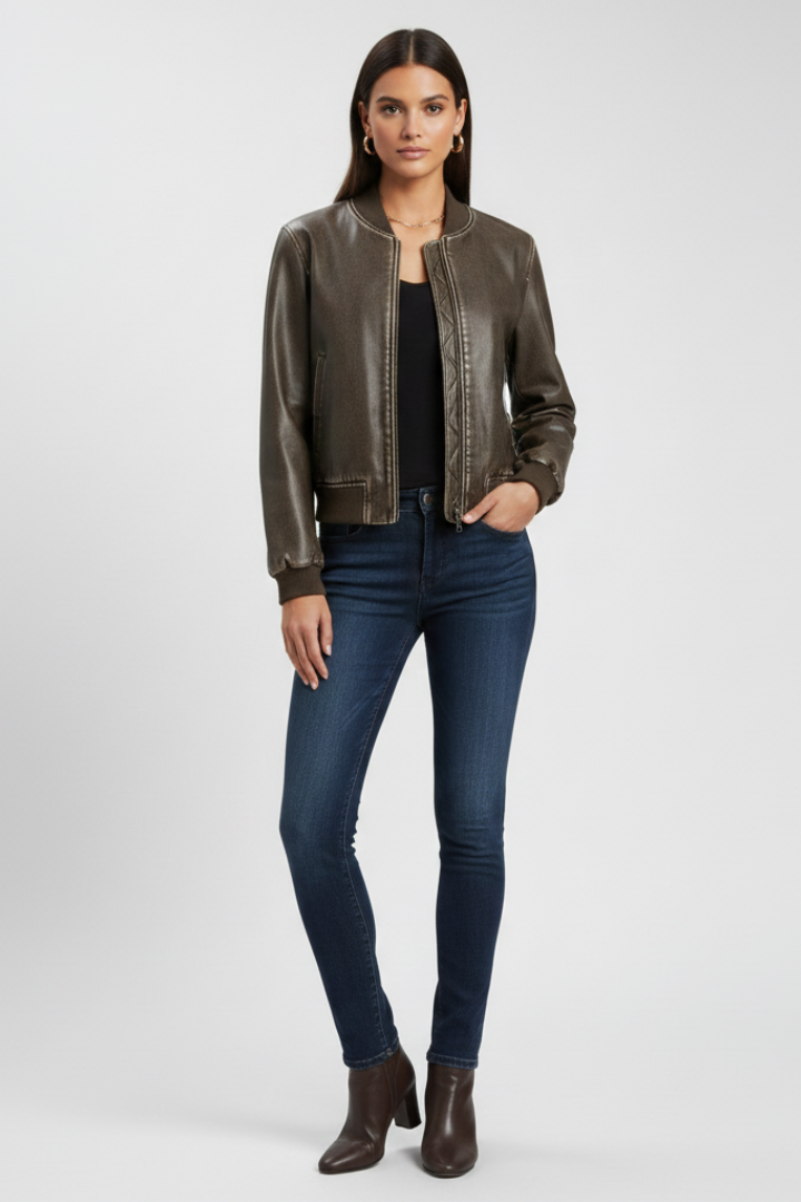 Chaqueta bomber de cuero marrón para mujer, estilo casual y elegante de otoño-invierno.