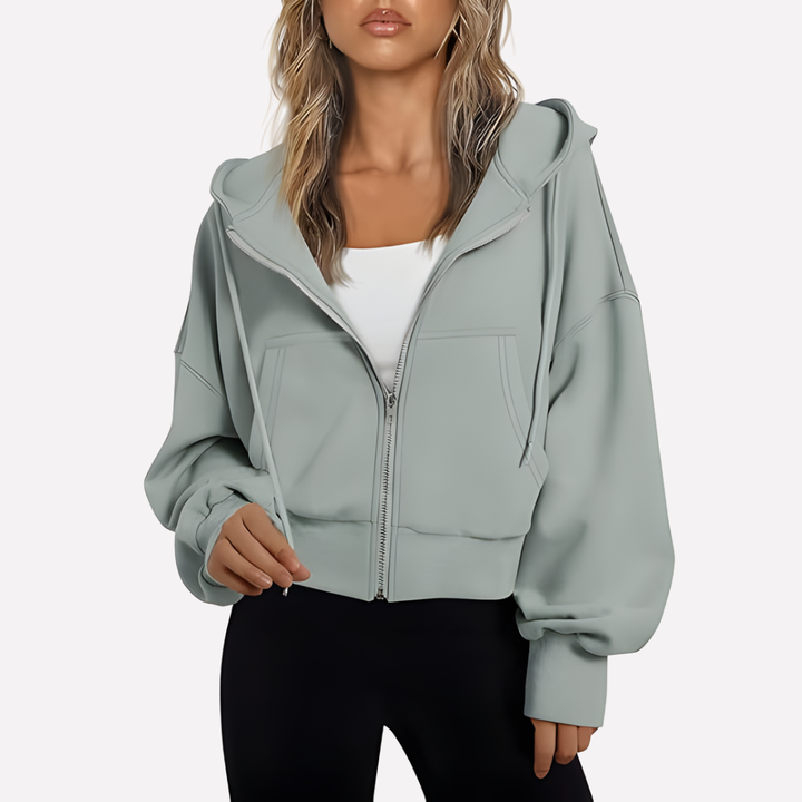 Sudadera de moda holgada para mujer, con capucha, cremallera y bolsillos. Estilo casual de otoño.