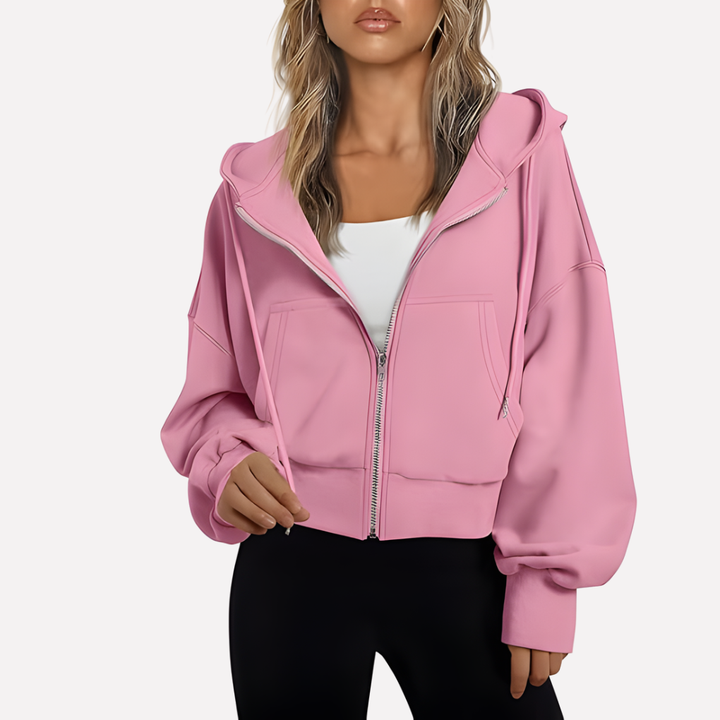 Sudadera casual de diario para mujer con capucha, cremallera y bolsillos. Un básico cómodo y de moda.