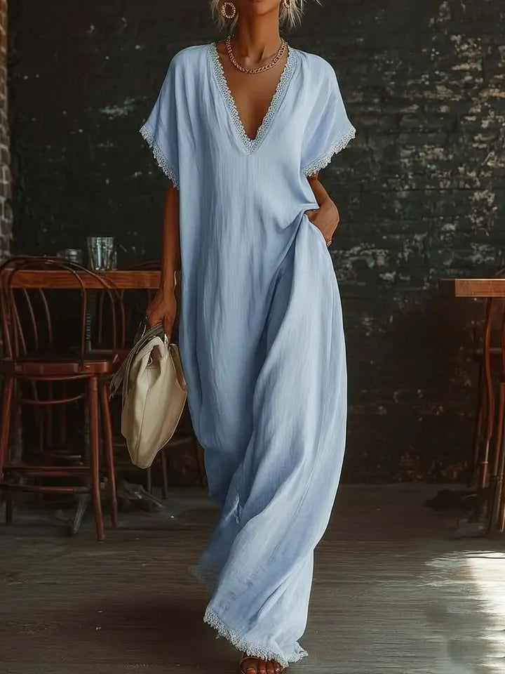 Vestido largo mujer verano, encaje, escote V, fluido. Ideal para fiesta, vacaciones o look casual elegante.
