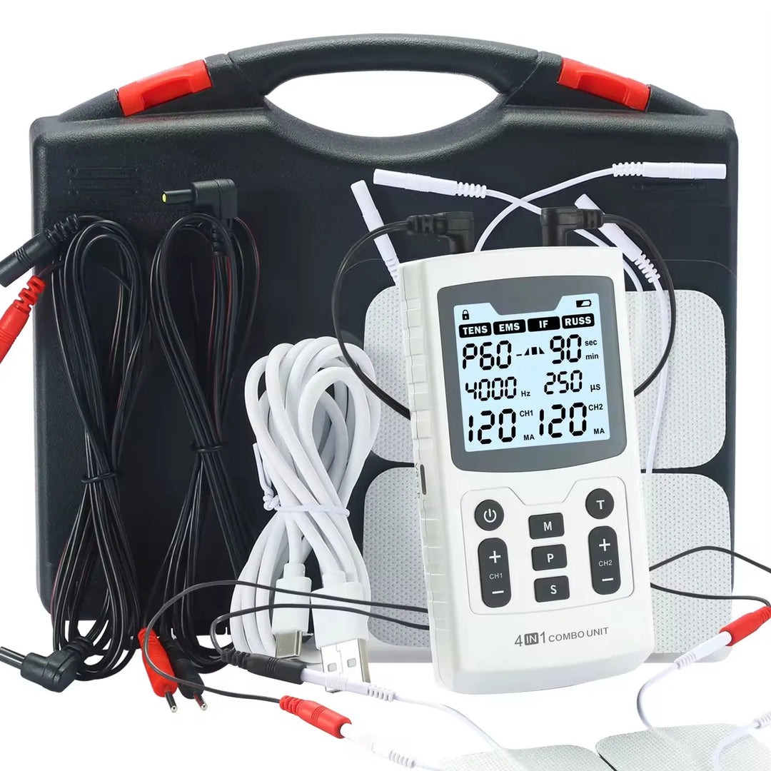 Dispositivo 4 en 1 TENS, EMS, IFC, Rusa. Electroestimulador para alivio del dolor y recuperación muscular.