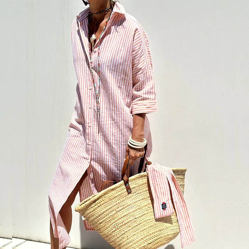 Vestido camisero midi de rayas Savanna para mujer, elegante y versátil. Ideal para verano, oficina o casual.