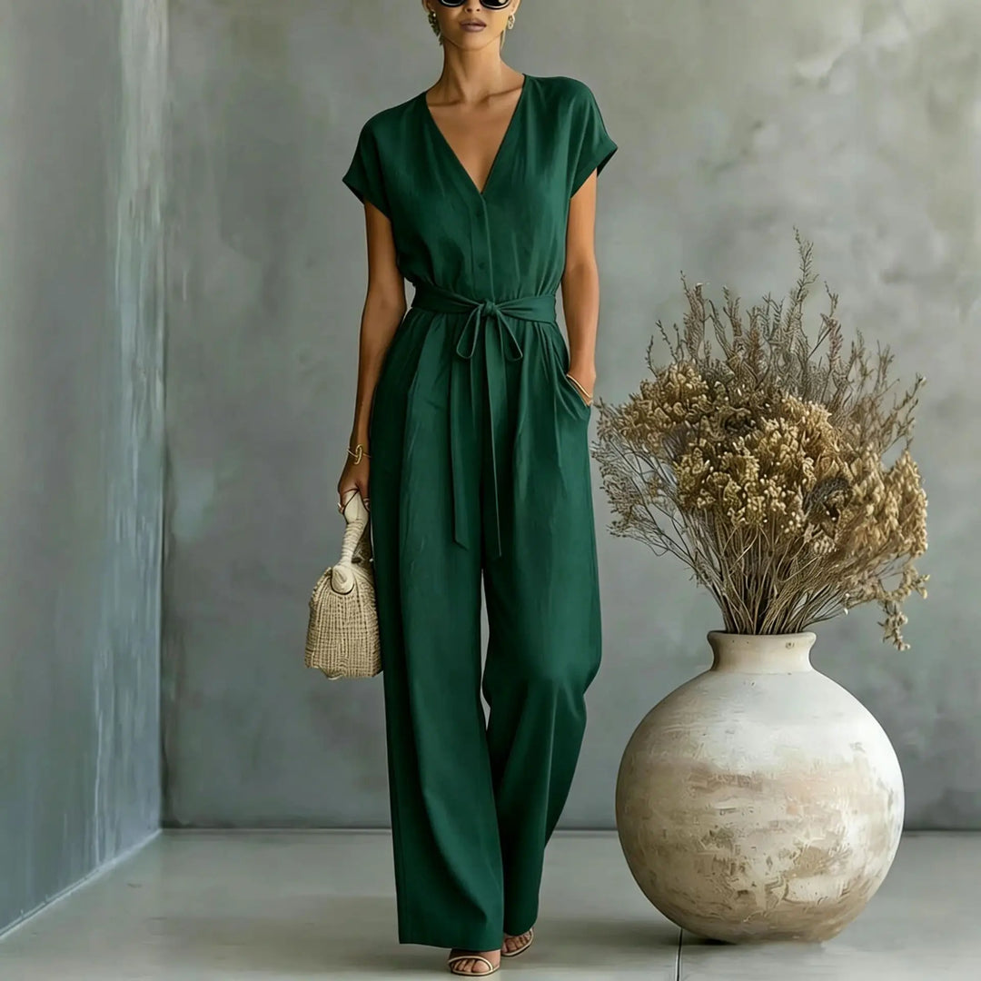 Mono casual chic para mujer, escote V y pantalón ancho. Versátil, elegante para oficina o eventos de primavera.