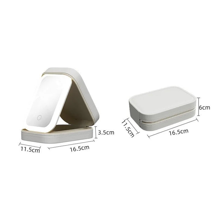 Neceser de maquillaje LED abierto. Organizador de cosméticos con espejo iluminado, ideal para belleza y viaje.