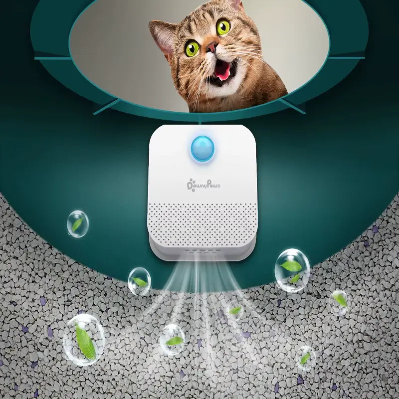 Elegante purificador de aire para gatos, discreto y eficaz contra olores de arenero en cualquier rincón del hogar.