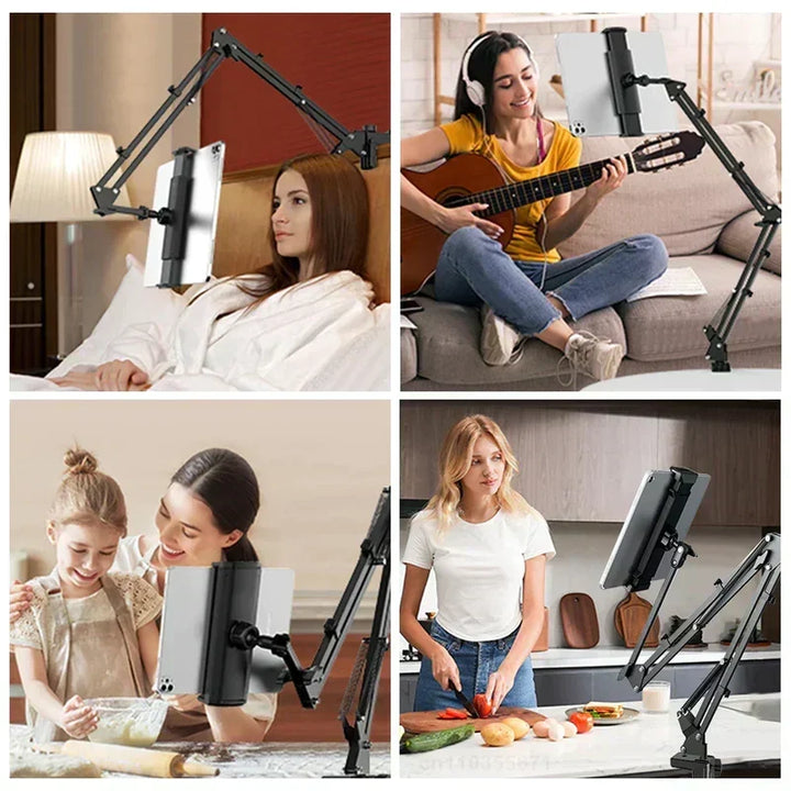 Soporte de tablet con brazo ajustable y rotación 360°. Consigue el ángulo perfecto para cualquier tarea.