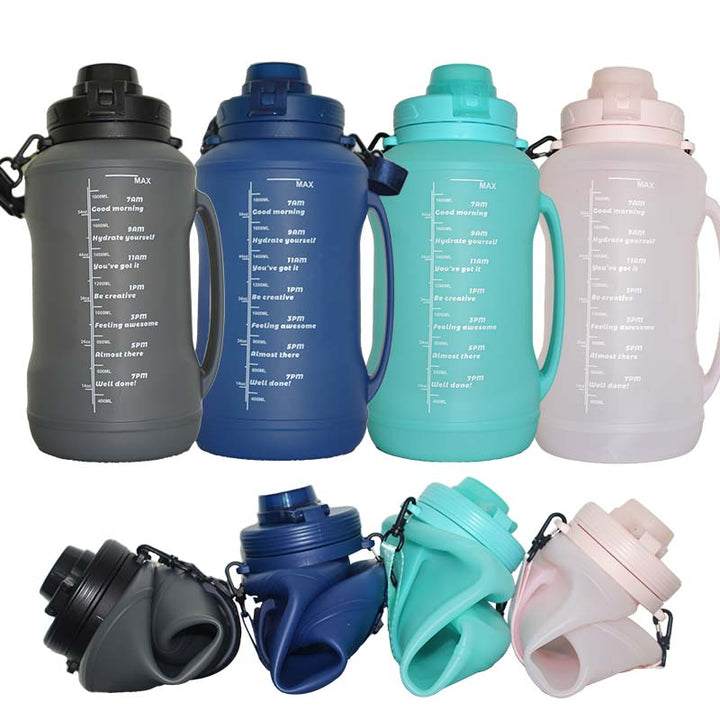 Botella de agua plegable reutilizable de silicona. Ecológica y práctica para camping, viajes y uso deportivo.