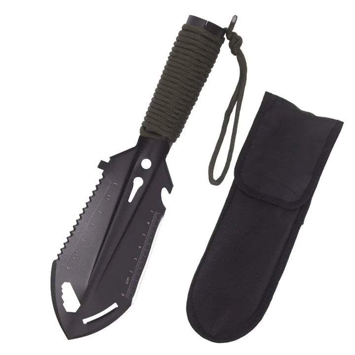 Pala multifuncional compacta ideal para camping, senderismo y supervivencia. Herramienta portátil para aventura al aire libre.
