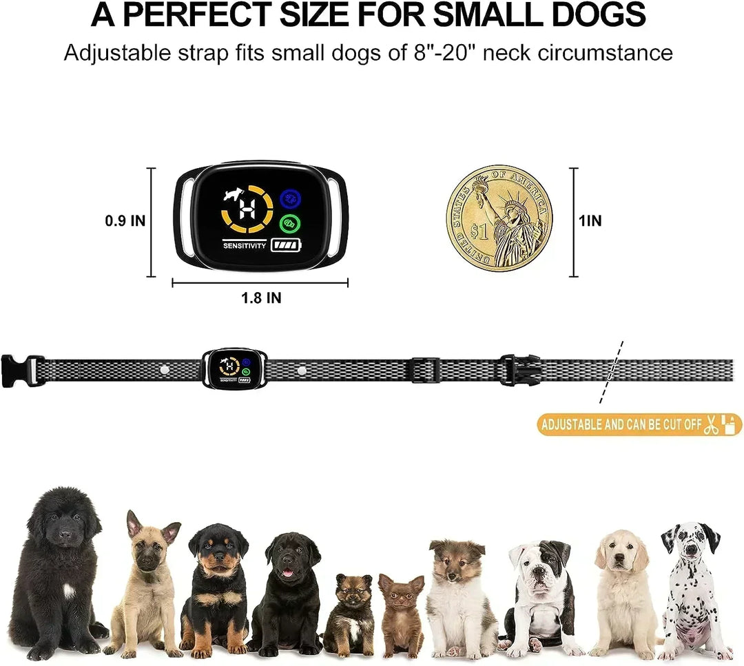 Kit collar antiladridos recargable con ajuste suave para perros pequeños, incluye cable USB y manual.