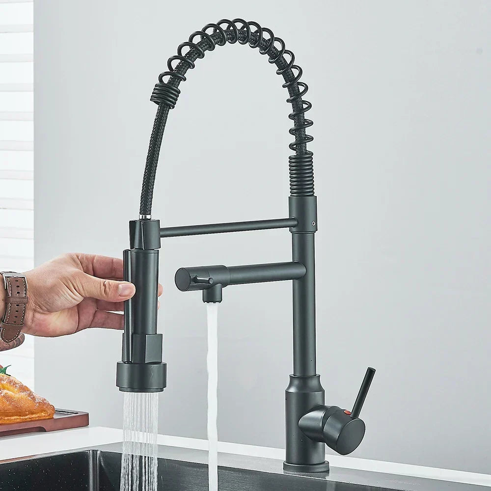 Mezclador de cocina moderno, acabado negro mate, fácil instalación.