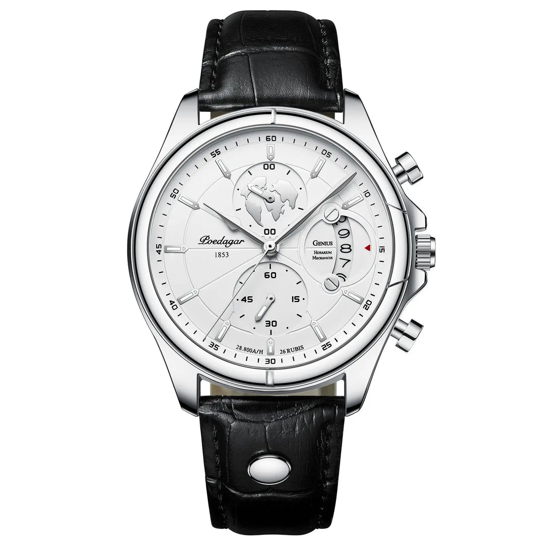 Reloj de hombre resistente al agua. Cronógrafo funcional con diseño casual-elegante y correa de cuero genuino.