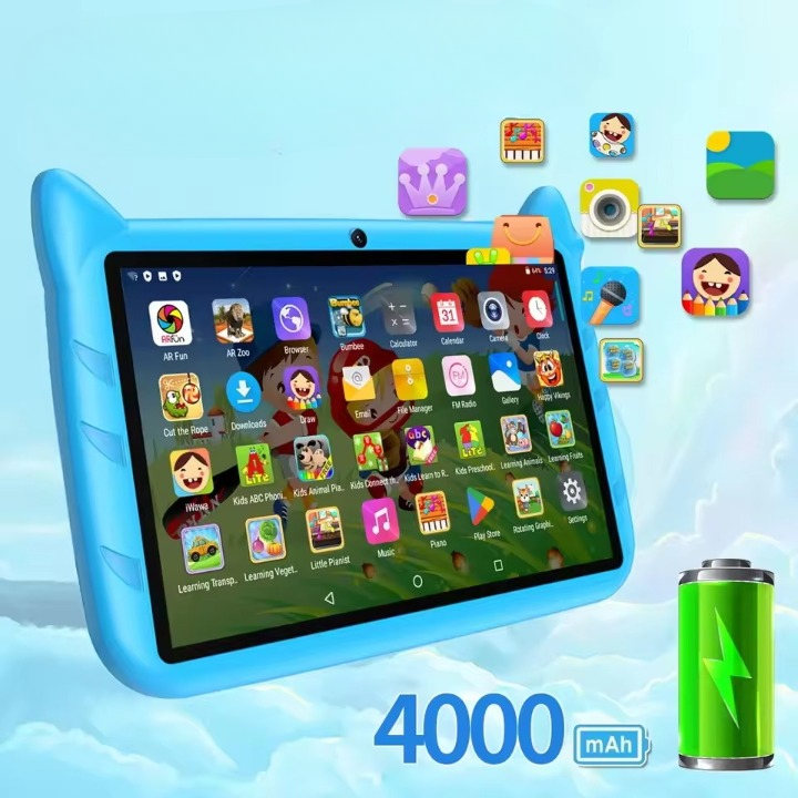 Tableta infantil Android azul de 7 pulgadas, diseñada para educación y diversión segura de niños.