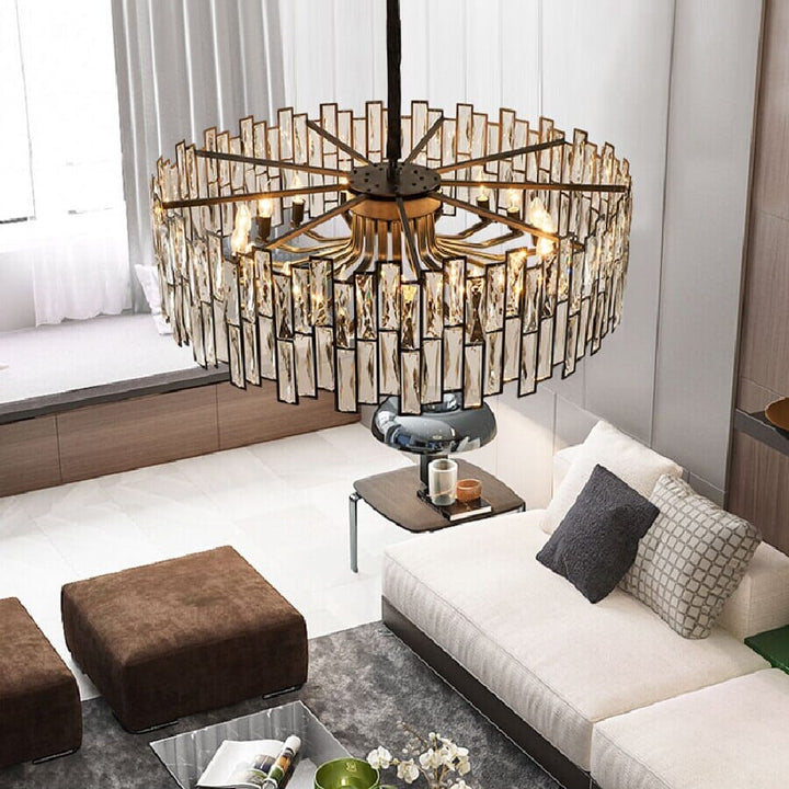 Detalle de lámpara de techo colgante de cristal K9. Belleza contemporánea y luz LED cálida.
