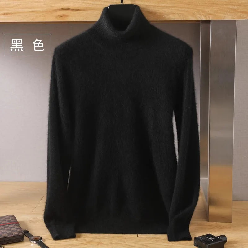 Hombre vistiendo suéter de punto japonés. Moda masculina de invierno, cálido y sofisticado.