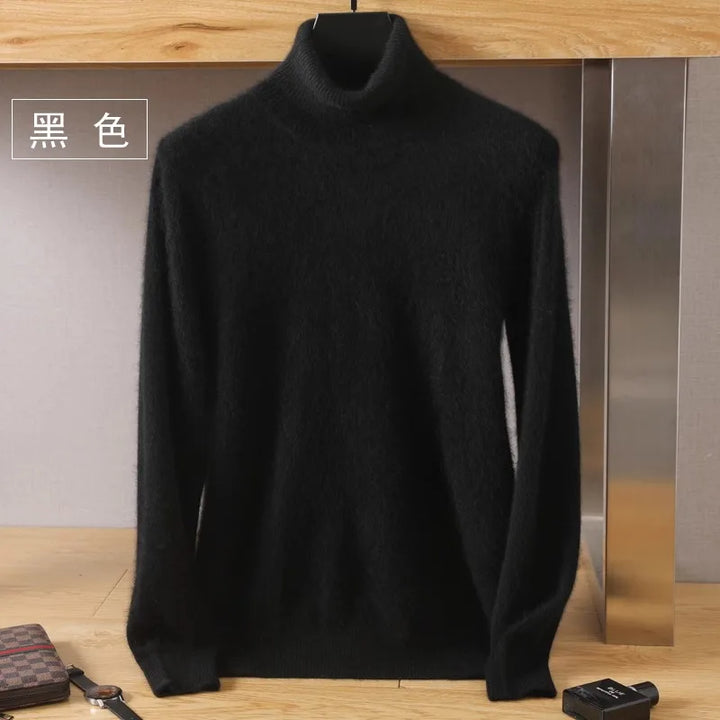 Hombre vistiendo suéter de punto japonés. Moda masculina de invierno, cálido y sofisticado.