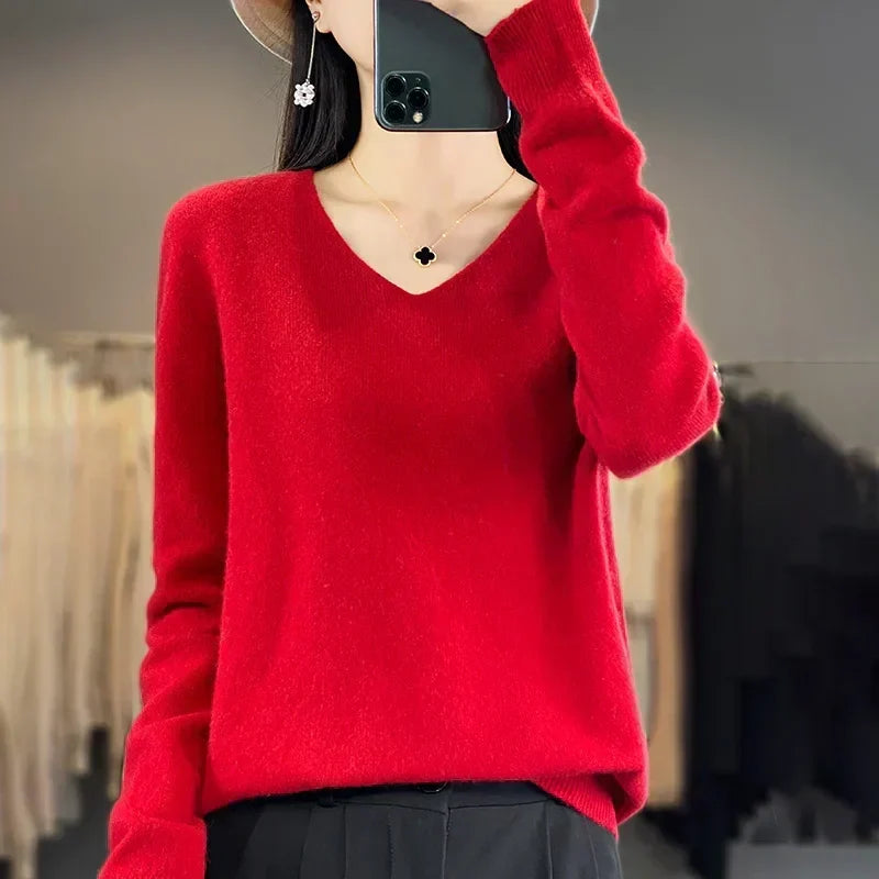 Suéter cuello V para mujer, diseño elegante y cómodo para el invierno.