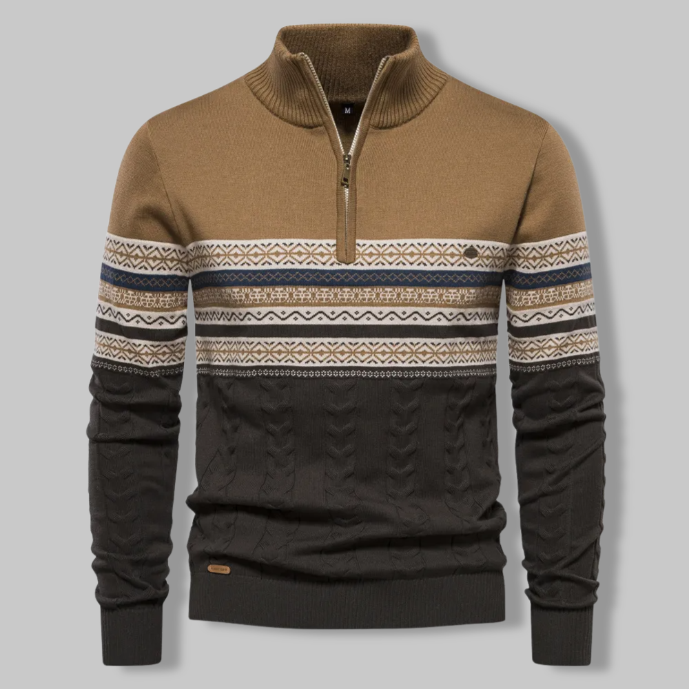 Suéter de hombre con diseño noruego y cremallera. Ropa de invierno de punto cálido, estilo casual y comodidad escandinava.