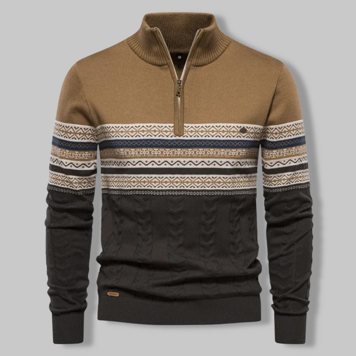 Suéter de hombre con diseño noruego y cremallera. Ropa de invierno de punto cálido, estilo casual y comodidad escandinava.