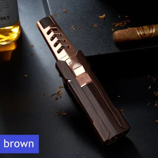 Soplete de butano recargable para camping, con carcasa de metal robusto, duradero y fiable.