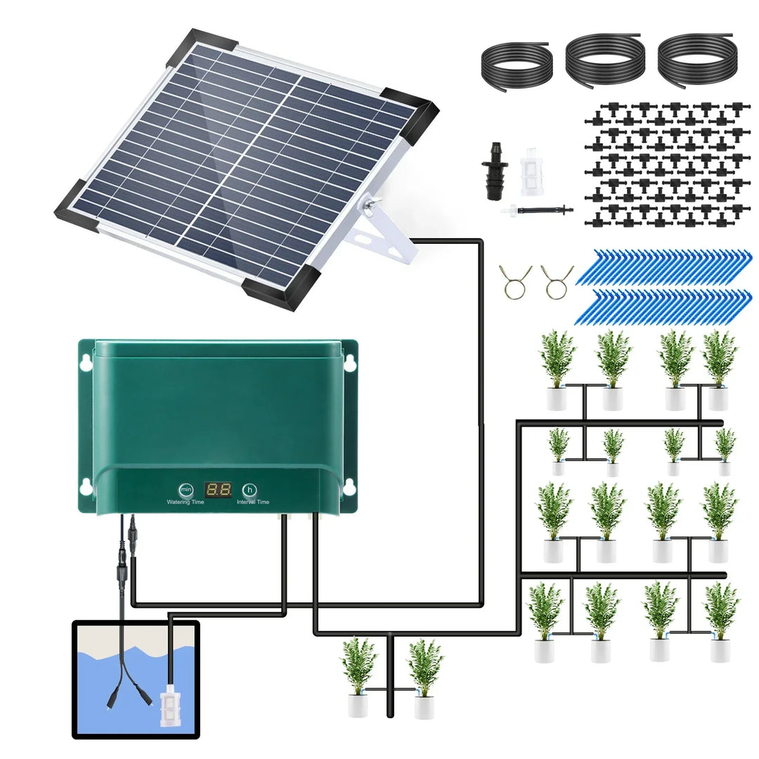 Mangueras y goteros del sistema de riego solar automático, listos para instalar en tus plantas.