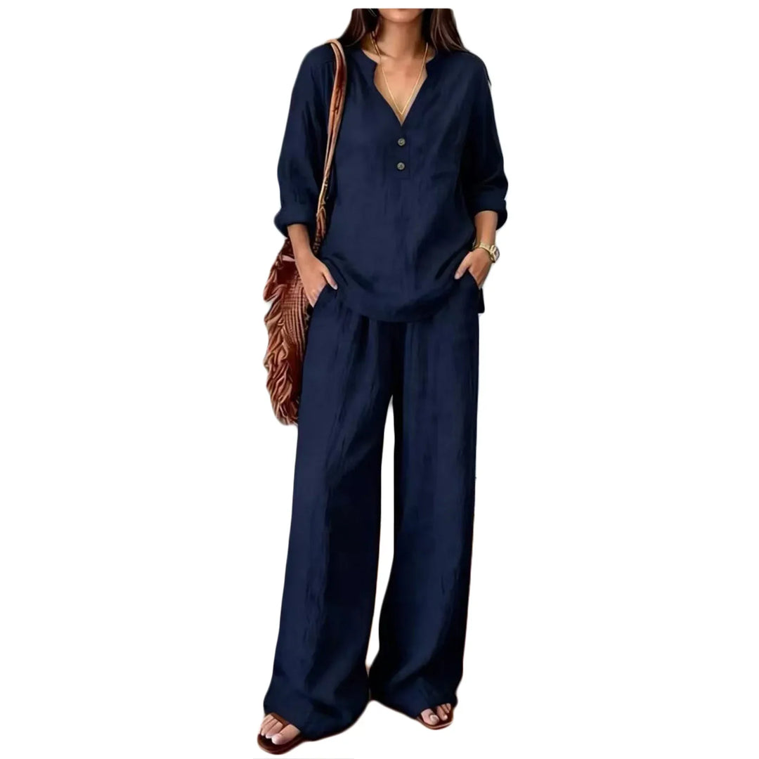 Pantalón de lino y blusa de algodón para mujer. Conjunto de verano casual, cómodo y transpirable.