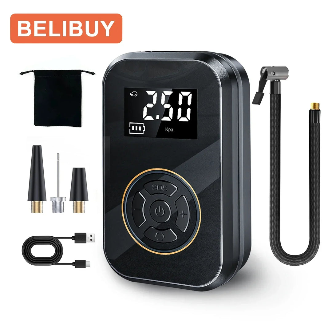 Compresor de aire multifuncional inalámbrico. Power bank portátil, cargador USB y hinchador de neumáticos para coche, moto, bici.