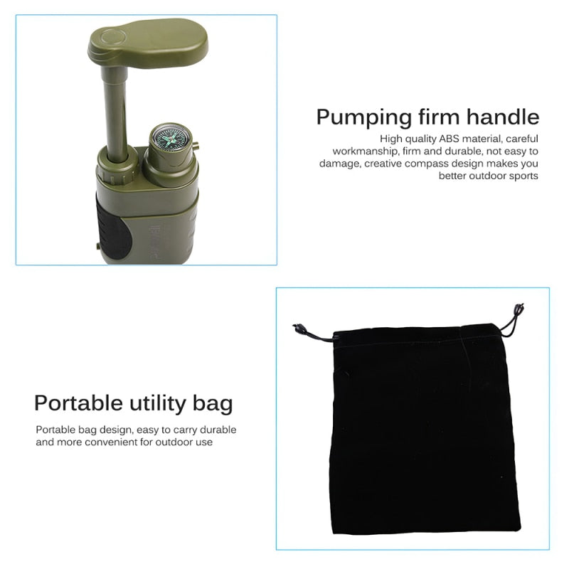 Filtro de agua portátil de alta capacidad para purificar agua en camping, supervivencia y situaciones de emergencia.