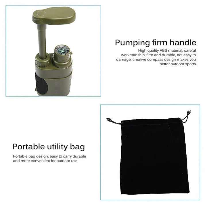 Filtro de agua portátil de alta capacidad para purificar agua en camping, supervivencia y situaciones de emergencia.
