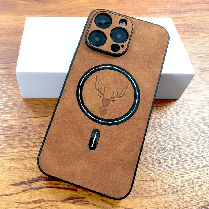 Funda minimalista de smartphone con diseño de ciervo. Protector de cuero sintético, resistente y antiarañazos.