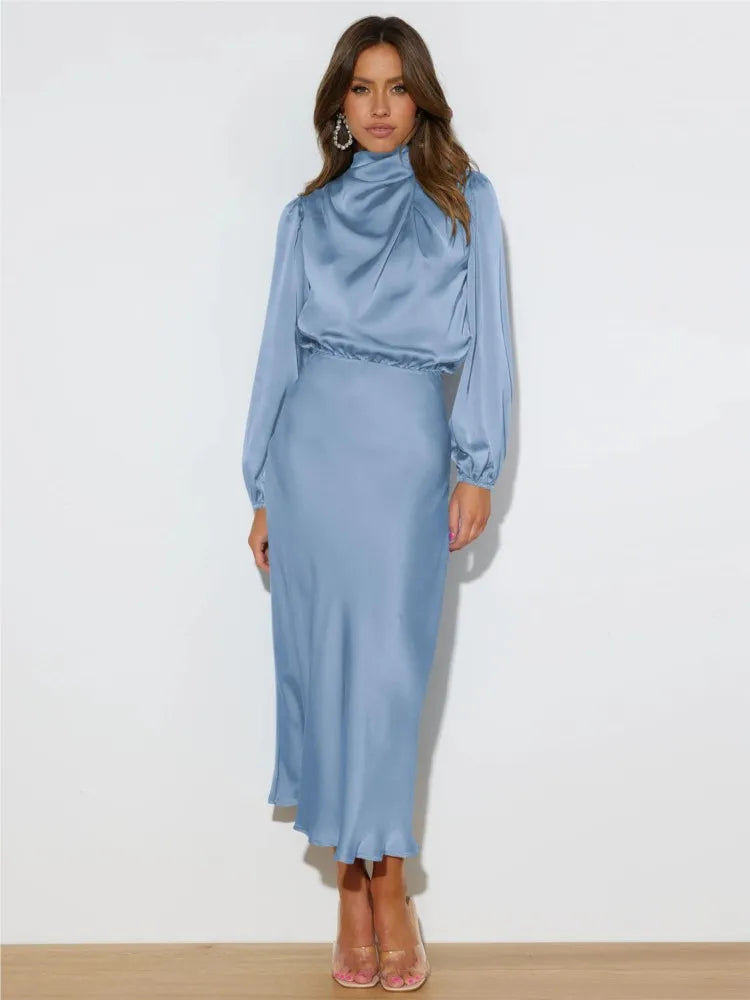 Vestido midi elegante para mujer, cuello alto y manga larga, ideal para fiesta o noche.