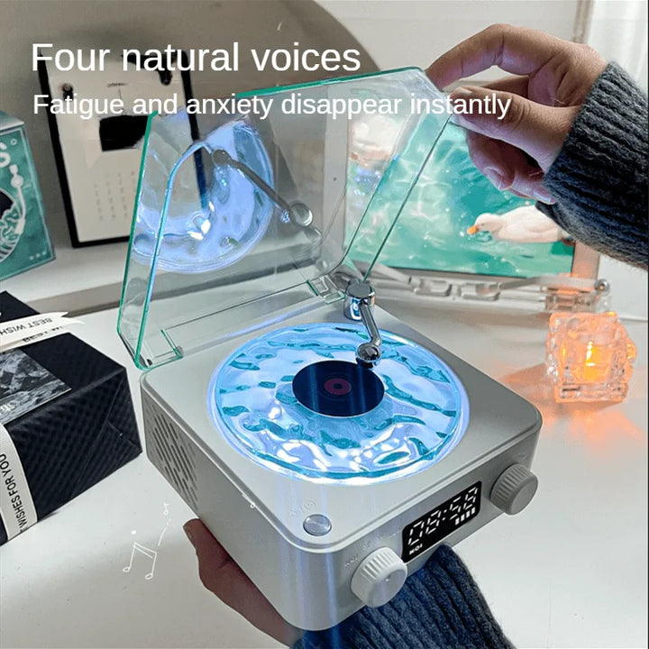 Altavoz Bluetooth retro para ambiente, música y relajación con proyector y sonidos naturales.