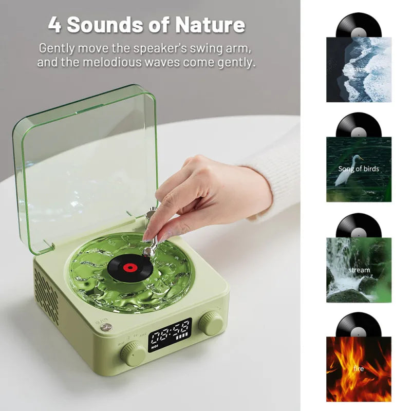 Altavoz Bluetooth retro con estilo vintage, proyector y sonidos relajantes para decoración.