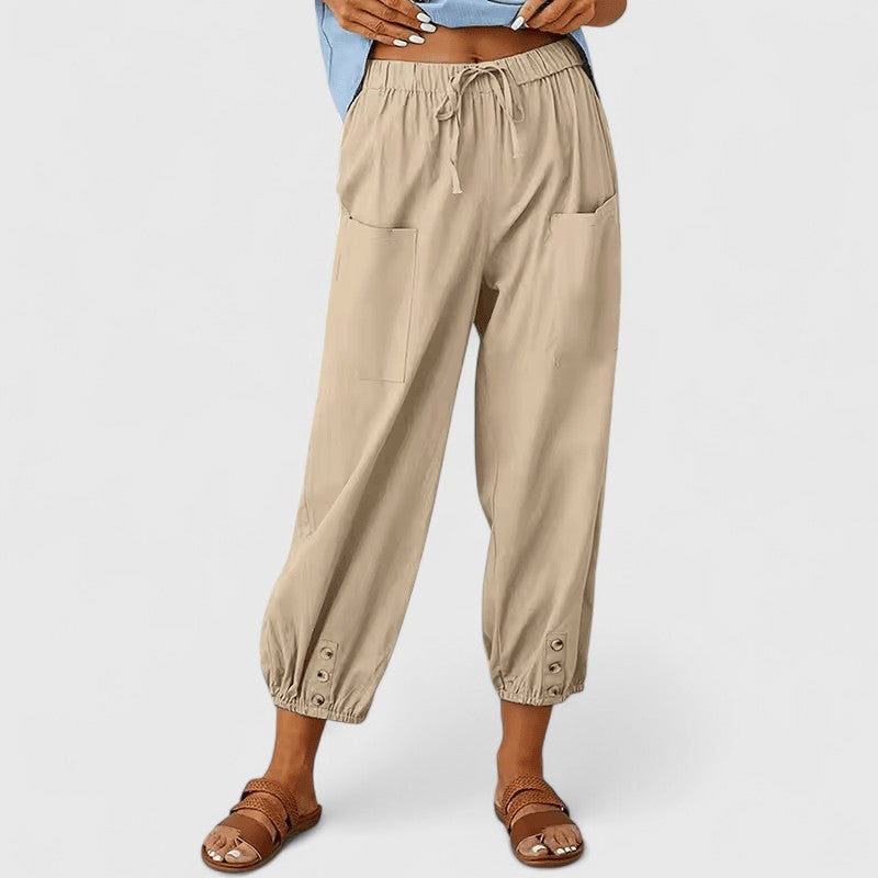 Pantalón de algodón-lino transpirable, ancho y cómodo para mujer, estilo casual.