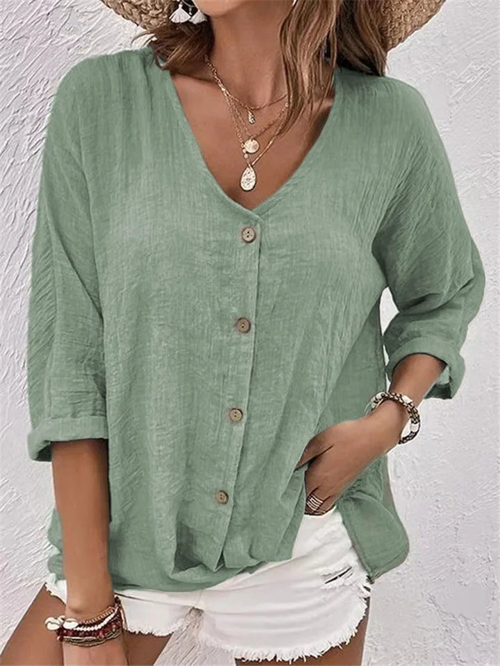 Blusa de verano transpirable para mujer. Ropa casual elegante con botones y manga 3/4, muy cómoda.