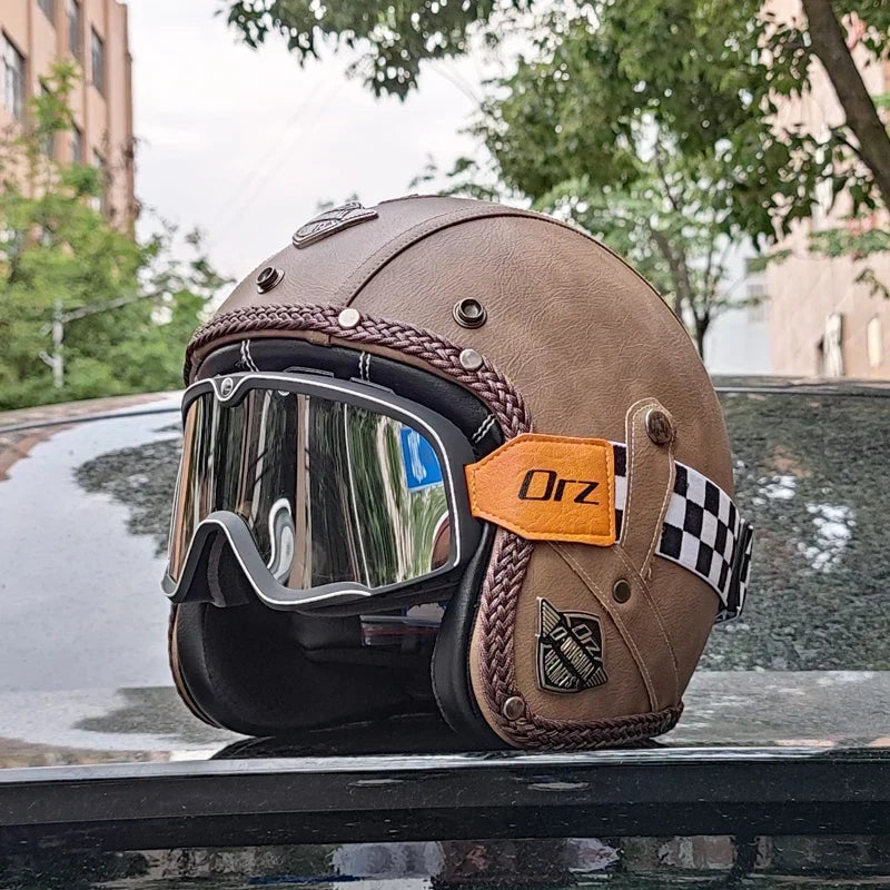 Casco abierto retro de piel sintética para motocicleta, certificado DOT y estilo vintage.