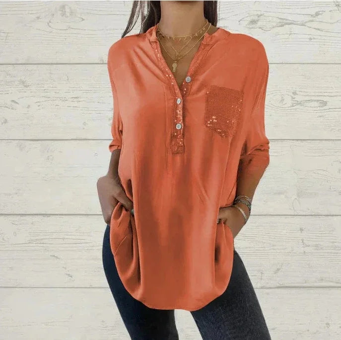 Blusa de lentejuelas para mujer, casual y con botones, toque brillante. Top de moda femenina.