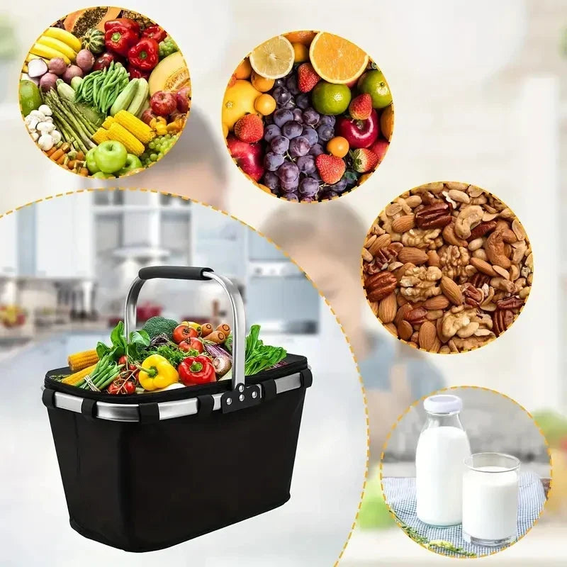 Cesta de picnic aislada plegable y portátil, perfecta para llevar alimentos y bebidas. Material Oxford resistente.
