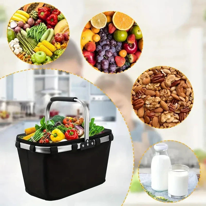Cesta de picnic aislada plegable y portátil, perfecta para llevar alimentos y bebidas. Material Oxford resistente.