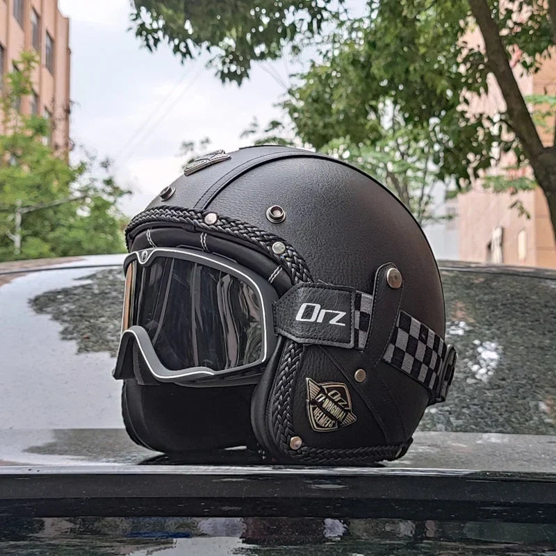 Accesorios para moto: casco retro abierto 3/4, piel sintética de alta calidad y certificación DOT.