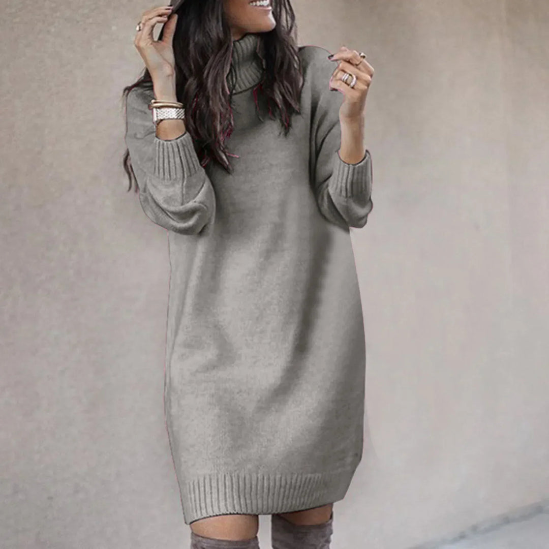 Vestido suéter de mujer con cuello redondo y manga larga, estilo casual para invierno y moda.